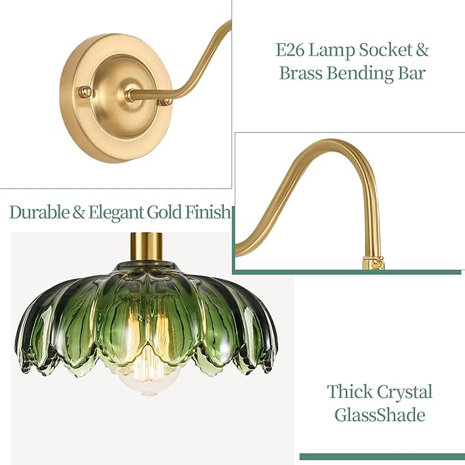 Vintage Plug in Wall Sconces Set of Two,Dimmable Wall Sconces Lamp with Plug in Cord & Flower Glass Lampshade,Gold Sconces Wall Decor Set of 2 Plug in Wall Lights Sconces for Bedroom