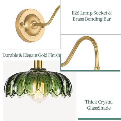 Vintage Plug in Wall Sconces Set of Two,Dimmable Wall Sconces Lamp with Plug in Cord & Flower Glass Lampshade,Gold Sconces Wall Decor Set of 2 Plug in Wall Lights Sconces for Bedroom