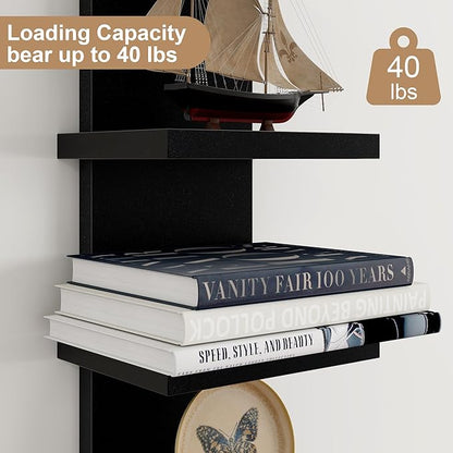 Fun Memories 5 Tier Wall Shelf Unit, Decorative Wall Mount Vertical Shelving, Floating Storage Home Decor Organizer Tall Tower Design Utility Shelving Bedroom Living Room, Black