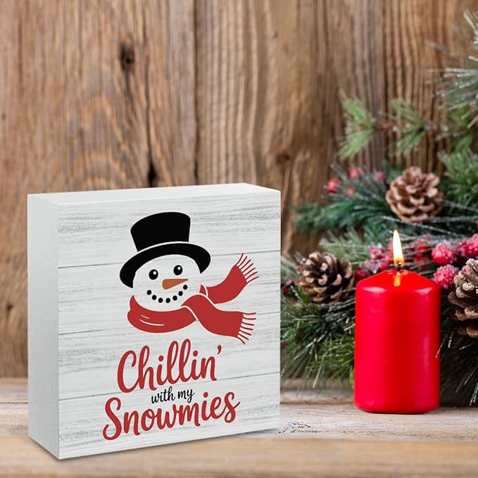 Christmas Decor Christmas Sign Decorations for Home Chillin With My Snowmies Sign for Home Office Desk Table Cubicle Shelf Xmas Desk Accessories 5 x 5 inch