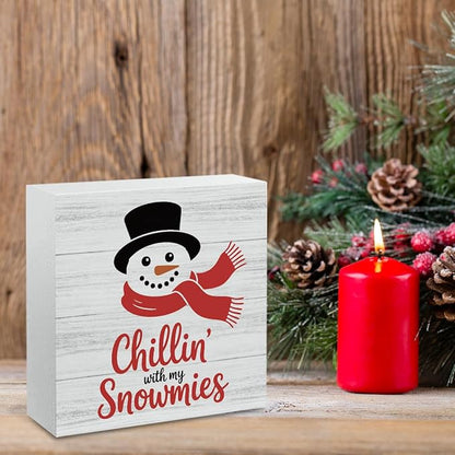 Christmas Decor Christmas Sign Decorations for Home Chillin With My Snowmies Sign for Home Office Desk Table Cubicle Shelf Xmas Desk Accessories 5 x 5 inch