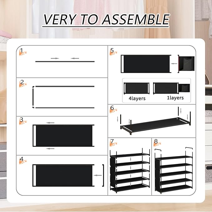 5 Tier Freestanding Shoe Rack, Space Saving Shoe Organiser with Side Pockets and Metal Hooks, Adjustable Shoe Rack for Entrances, Corridors, Dormitories, Holds 20-26 Pairs of Shoes, Metal Bracket