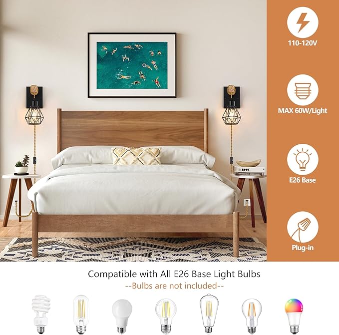 Farmhouse Wood Wall Sconces with Plug in Cord, Black Wall Sconces Set of Two, Wall Lamps that Plug into Wall Outlet, Vintage Sconce Lighting Wall Decor for Bedroom Living Room, with 5.58FT Cord