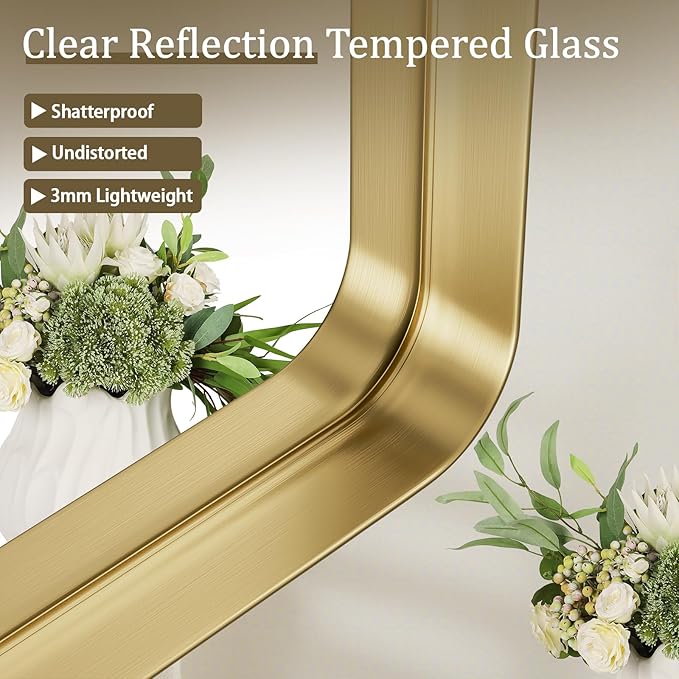 VooBang Bathroom Mirror 20x30 inch, Gold Gorgeous Deep Frame Wall Mirror, Modern Round Corner Bathroom Vanity Mirror for Bedroom, Living Room, Hanging or Leaning Horizontal or Vertical, Gold