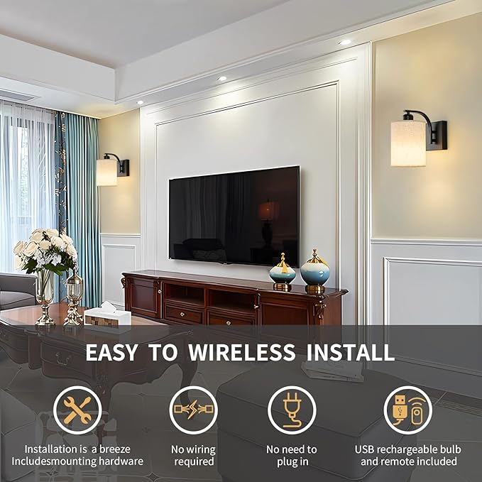 Black Rechargeable Battery Operated Wall Sconces Set of 2 with Remote, Wireless Dimmable Battery Powered LED Wall Lights, Cordless Wall Lighting Lamp Fixture for Bedroom Living Room