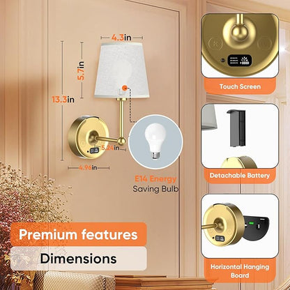 Battery Operated Wall Sconces Set of Two [8000mAh Detachable & Rechargeable Battery] 3 Color Temperature & Dimmable Lamp with LED Display & Remote, Wireless Wall Light for Bedroom & Living Room
