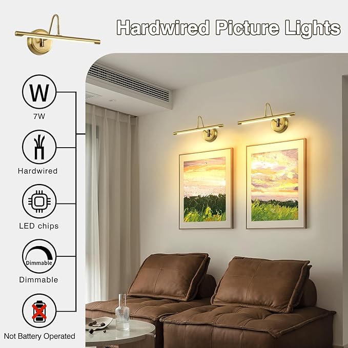 Modern LED Picture Light Hardwired, 16.5 Inch Dimmable Gallery Art Light with 270° Rotatable Lamp Head, Brass Wall Sconce for Paintings Display, 3000K Warm White, Metal Swing Arm Art Lamp for Mirror
