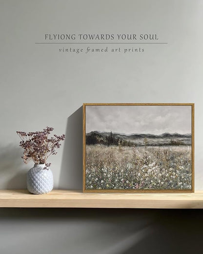 SHENIFY Vintage Landscape Framed Canvas Wall Art Prairie in Full Bloom Classic Painting Modern Farmhouse Bathroom Office Decor - 11x14in Natural Framed