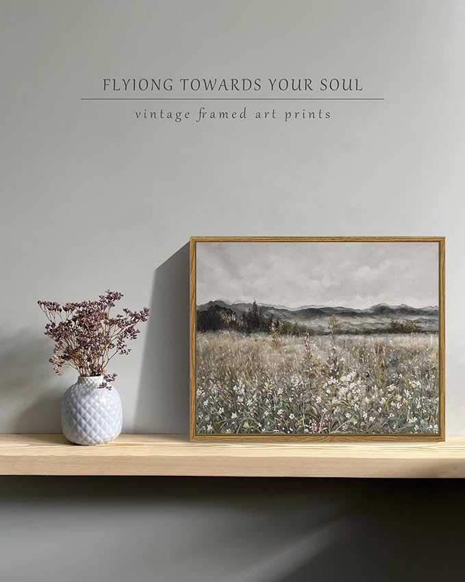 SHENIFY Vintage Landscape Framed Canvas Wall Art Prairie in Full Bloom Classic Painting Modern Farmhouse Bathroom Office Decor - 11x14in Natural Framed