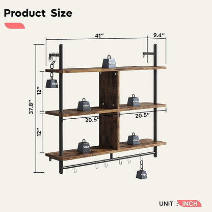 Bestier 41.5" Floating Shelves for Wall 3 Tier Kitchen Shelves Wall Mounted Coffee Bar Shelf Hanging Shelf with 8 Hooks, Industrial Display Pipe Shelving for Kitchen Living Room Bathroom, Rustic Brown