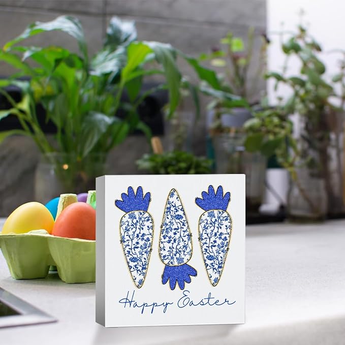 Happy Easter Sign Easter Table Decor Carrot Decor Blue And White Chinoiserie Decor Wooden Box Sign for Home Office Bedroom Living Room Desk Shelves