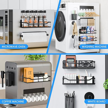 Multifunctional Magnetic Shelf for Washing Machine, Refrigerator, Microwave, and Any Metal Surface, Powerful Magnetic Shelves Include Magnetic Paper Towel Holder, Unique Hollow Design (8 pcs - Black)