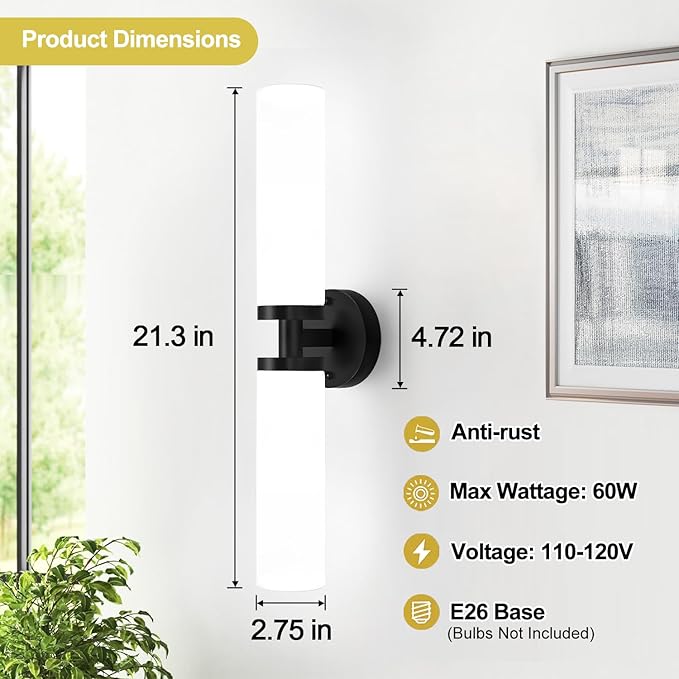 Wall Sconces Set of Two, Matte Black Bathroom Sconces Wall Lighting with Milky White Glass, Modern Sconces Wall Decor Set of 2 Bathroom Light Fixtures for Mirror Living Room Hallway Bedroom