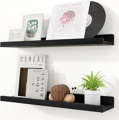RICHFOCUS Floating Shelves for Wall, 24 inch Solid Wood Picture Ledge Shelf for Wall Storage, Nursery Book Shelves with Lip for Living Room Bathroom Bedroom Kitchen, Set of 2, Distressed Black