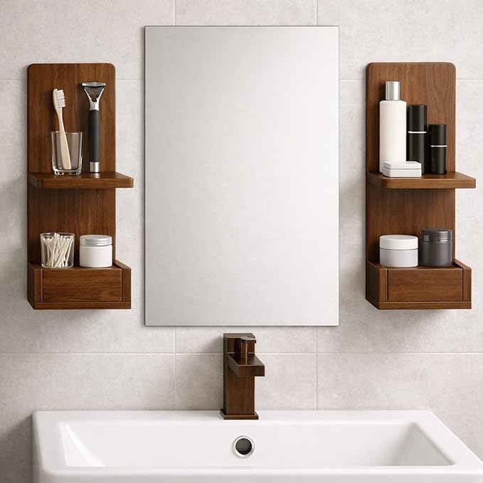 2-Tier Walnut Floating Wall Shelf, 20x8x6 Wall-Mounted Wooden Beside Shelf/Nightstand for Home Décor, Plants, Cosmetics, Bathroom, Kitchen, Bedroom Storage (Walnut with Box)