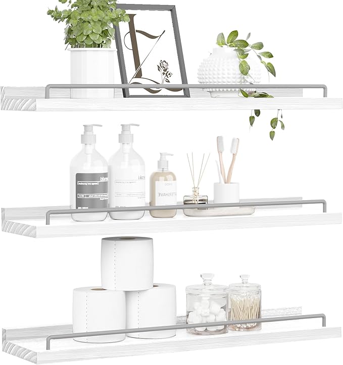 22 inches Long Floating Shelves, Bathroom Decor Shelves Over Toilet, Farmhouse Wall Shelves for Living Room, Bedroom, Picture Frames, Plants, Kitchen, Set of 3 (White and Grey)