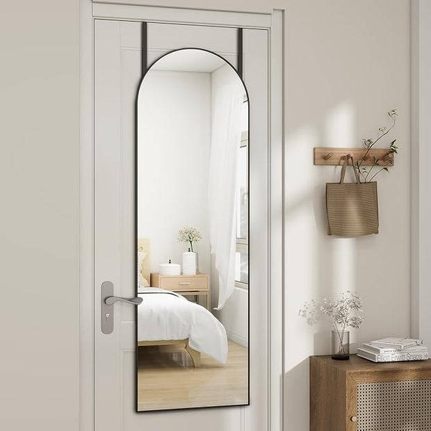 Arched Full Length Door Mirror 14x48, Metal Frame with Protective Film, No-Drilling Hanging or Wall Mount, Hooks & Hardware Included, Full Body Mirror for Bedroom, Dorm, Black
