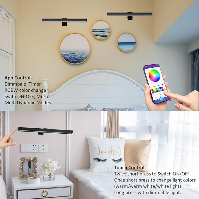 Wireless Picture Light, 16" Metal Rechargeable Painting Light Display Lamp with APP Music Sync Multi Dynamic Modes Dartboard, Timer Dimmable Artwork Light for Frame Portrait, Black