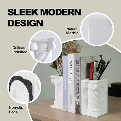Decorative Roman Column Book Ends & Vase - Heavy Duty Marble Book Ends for Heavy Books, Vintage Home Office Decor, Dual Use as Flower Vase, Natural Stone Bookends for Shelves (2PC, White)