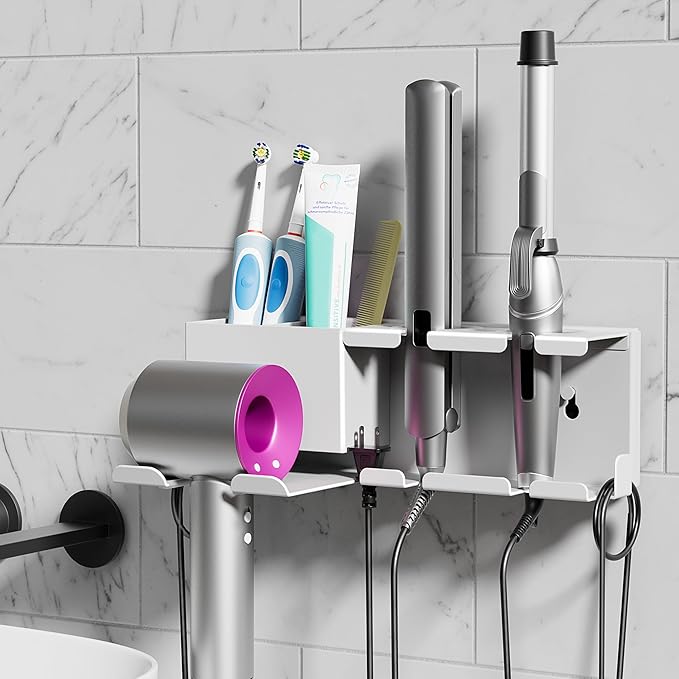 Hair Dryer Holder, Hair Tool Organizer Wall Mount, Metal Blow Dryer Holder, Curling Iron Holder, Curling Iron, Hair Dryer Wall Mount, Bathroom Accessories Tools Organizer, White