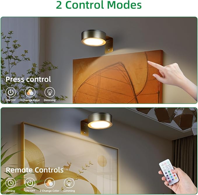 4 Pack Wireless Picture Lights for Wall, Magnetic Gold Picture Light Battery Operated with Remote, Dimmable Painting Light for Art Display, RGB Rechargeable Wall Lights for Photo Frame Gallery