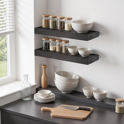 Solid Wood Floating Shelves for Wall 16 inch Bathroom Hanging Wall Shelves Set of 2 for Living Room Bedroom Kitchen Farmhouse 16x6.7 inch - Black