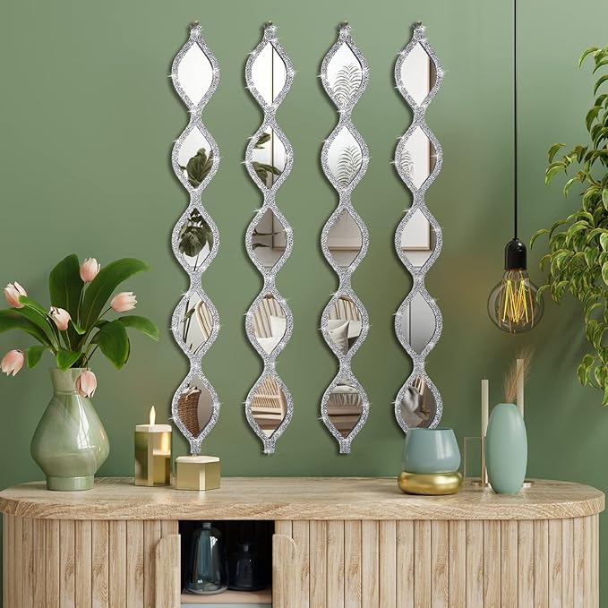 BBTO Teardrop Mirror Wall Decor Decorative Mirror Rustic Crush Diamond Mirrors Wall Farmhouse Long Art for Bathroom Bedroom Entryway Apartment Living Room(Silver,4 Pcs)