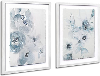 ArtbyHannah Framed Bathroom Wall Art Decor, 12x16 Inch 3D Light Blue Watercolor Florals with Torn Edge Floating Effect, Moisture Proof Prints Pictures Artwork for Bathroom, Bedroom Decor (2 Pack)