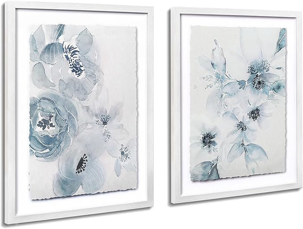 ArtbyHannah Framed Bathroom Wall Art Decor, 12x16 Inch 3D Light Blue Watercolor Florals with Torn Edge Floating Effect, Moisture Proof Prints Pictures Artwork for Bathroom, Bedroom Decor (2 Pack)