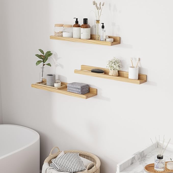 RICHFOCUS Floating Shelves for Wall, 24 inch Solid Wood Picture Ledge Shelf for Wall Storage, Nursery Book Shelves with Lip for Living Room Bathroom Bedroom Kitchen, Set of 3, Natural