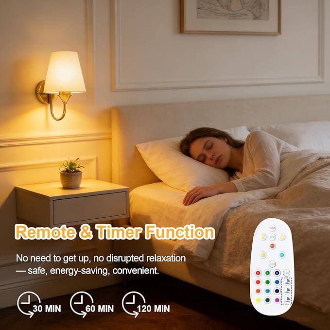 Battery Operated Wall Sconces Set of 2, Gold 10000mAh Rechargeable Dimmable LED Bulb, 15 Colors & Remote, with Fabric for Bedroom Living Room Hallway Staircase Decor