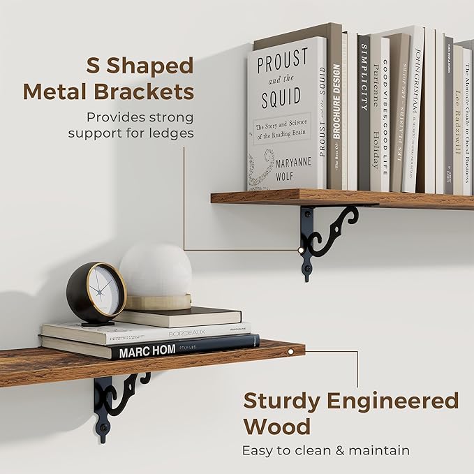 RICHFOCUS Floating Shelves for Wall Decor, 35.4W x 8D Wall Shelves Set of 2, 8 Inch Deep Rustic Wood Shelves Wall Mounted with Brackets, Long Shelves for Living Room Bedroom Kitchen, Rustic Brown