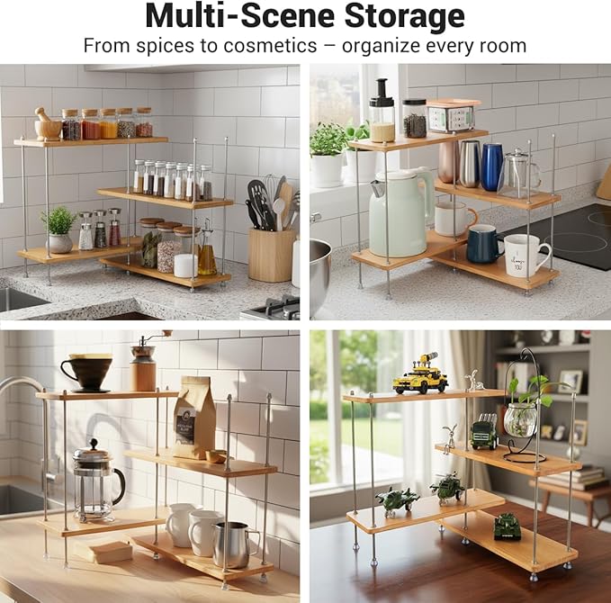 VINIUSIKI Adjustable 4 Tier L-Shaped Countertop Shelf Organizer, DIY Kitchen Corner Spice Rack for Countertop, Wood Coffee Counter Shelf Organizer for Home Office - 15.7