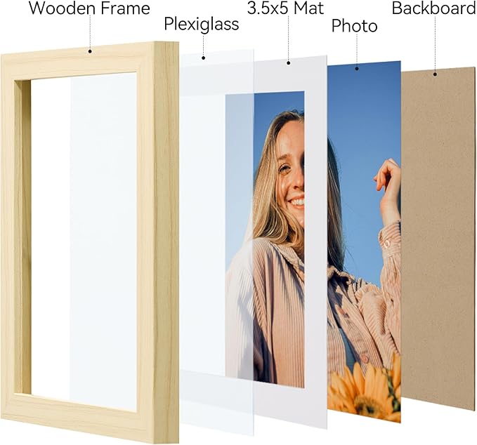 Vittanly 4x6 Picture Frame Set of 4, Display Pictures 3.5x5 with Mat or 4x6 without Mat, Photo Frames for Wall or Tabletop Display, Engineered Wood with Shatter Resistant Plexiglass, Natural Wood