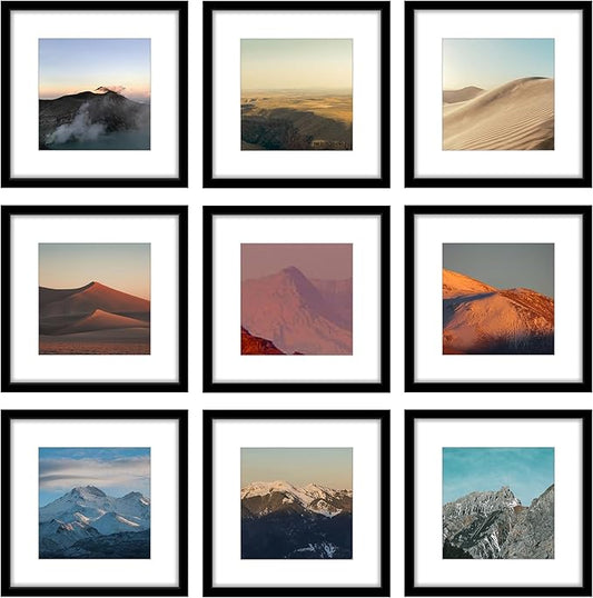 Wiscet 12x12 Picture Frame Set of 9, Gallery Wall Frame Set Display Pictures 8x8 with Mat or 12 x 12 Without Mat, Square Collage Picture Frames for Wall, Black