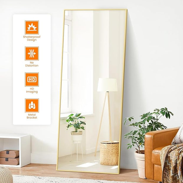 Full Length Standing Mirror, 70"x24" Gold Full Body Mirror with Aluminum Alloy Frame, Free Standing or Wall Mount for Bedroom, Living Room, Dressing Room