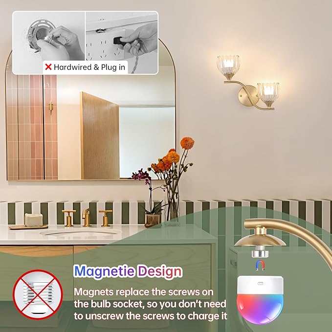 Battery Operated Wall Sconce, 2-Lights Vinatge Brass Wall Lighting with Clear Tluip Shade Rechargeable Bulb with Remote for Living Room, Bedroom
