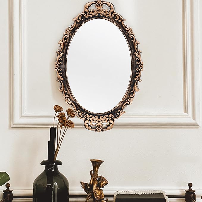 Vintage Decorative Gold Framed Mirror, Wall Hanging Mirrors & Tabletop Tray for Bedroom Living Room Dresser Decor, Oval- 9.6