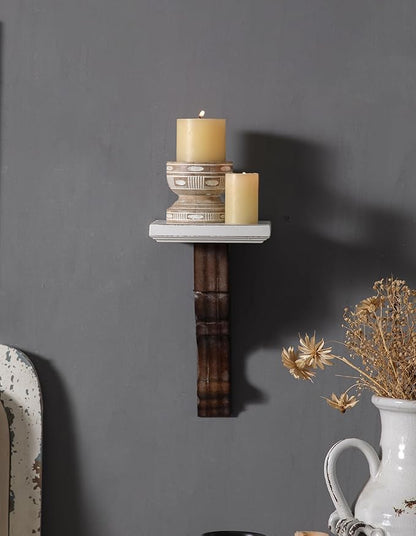 SOFE Small Wood Floating Shelf 12 Inches Tall, Farmhouse Wood Shelf for Wall, Decorative Rustic Candle Holder Shelf, White & Brown, Living Room, Bedroom, Dining Room Decor