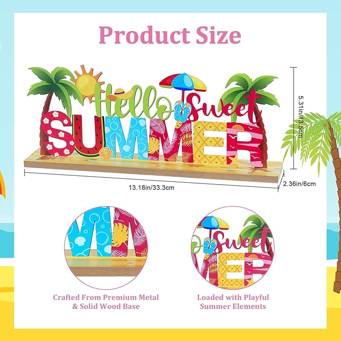 MEETYAMOR Summer Decor, Wood Metal Hello Sweet Summer Sign for Table Decor, Farmhouse Rustic Summer Decorations for Home, Office, Living Room, Kitchen, Mantel, Shelf