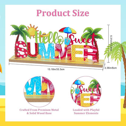 MEETYAMOR Summer Decor, Wood Metal Hello Sweet Summer Sign for Table Decor, Farmhouse Rustic Summer Decorations for Home, Office, Living Room, Kitchen, Mantel, Shelf
