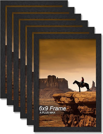 A PLUS MAX 6x9 Picture Frame Set of 6, Black Engineered Wood Frame for 6 x 9 Inch Picture Poster Photo, Light Weight 6 by 9 Frame with Wood-grain for Wall - 6 Pack/Black/6"x9"