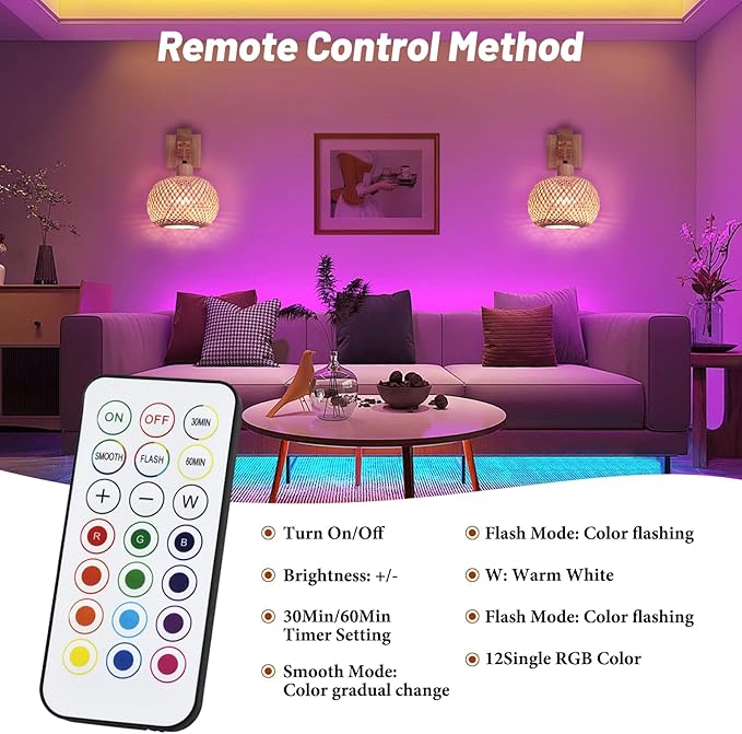 Battery Operated Wall Sconce Set of Two, Bamboo Solid Rubber Wood Wall Sconces with Remote RGB 15 Colors Dimmable, Farmhouse Boho Wall Lights for Bedroom Living Room Entryway