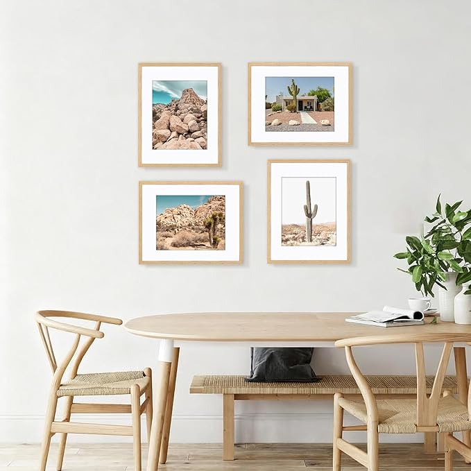 11x14 Picture Frame Set of 4, Displays 8x10 with Mat or 11x14 Without Mat, Photo Frames for Wall Hanging or Tabletop, Includes HD Plexiglass, Light Wood Grain