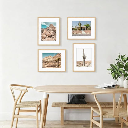 11x14 Picture Frame Set of 4, Displays 8x10 with Mat or 11x14 Without Mat, Photo Frames for Wall Hanging or Tabletop, Includes HD Plexiglass, Light Wood Grain
