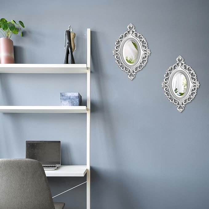 Cityelf 2 Set Oval Wood Carved Wall Mirror Baroque 3D Relief Rustic Home Decor Small Decorative Hanging Mirrors for Living Room, Bedroom Entrance Wall Sculpture