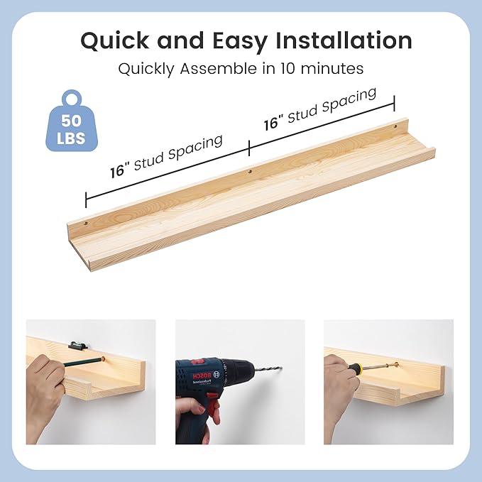 Picture Ledge Shelf for Wall, 36 inch Solid Ash Wood Nursery Book Shelves 2 Packs, Floating Shelves for Kids' Room Bedroom Bathroom Living Room Photo Frames Office Nursey Wall Decor, Natural