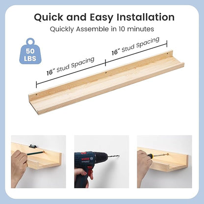 Picture Ledge Shelf for Wall, 36 inch Solid Pine Wood Nursery Book Shelves 2 Packs, Floating Ledge Shelves for Kids' Room Bedroom Bathroom Living Room Photo Frames Office Nursey Wall Decor, Natural