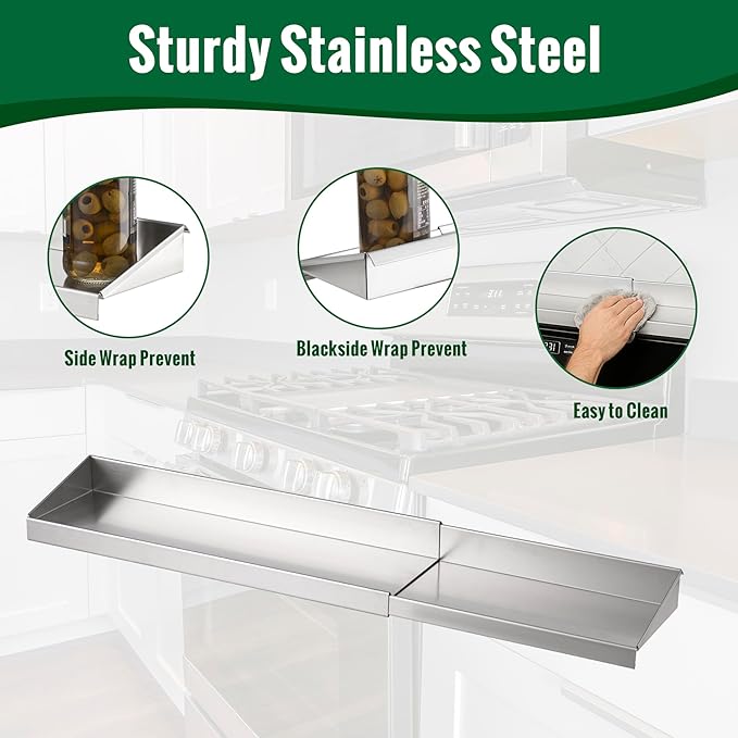 RECAPS 30" Adjustable Length Stove Top Shelf - Stainless Steel Stove Shelf, Spice Rack Over Stove for Kitchen Stove, Kitchen Shelf for Back of Stove with Double-sided Tape, Fit for Flat Top Only