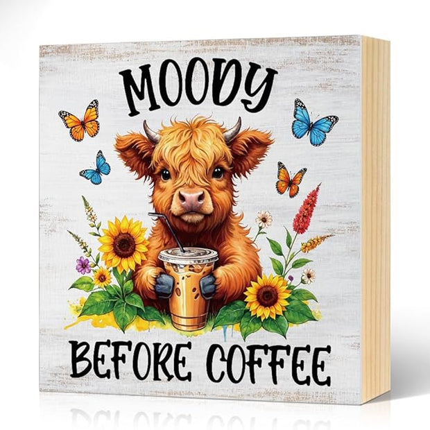 Moody Before Coffee Western Country Wood Block Plaque Box Sign for Home Living Room Coffee House Bar Shelf Table Office Decoration, Funny Highland Home Decor Gifts for Family Friends